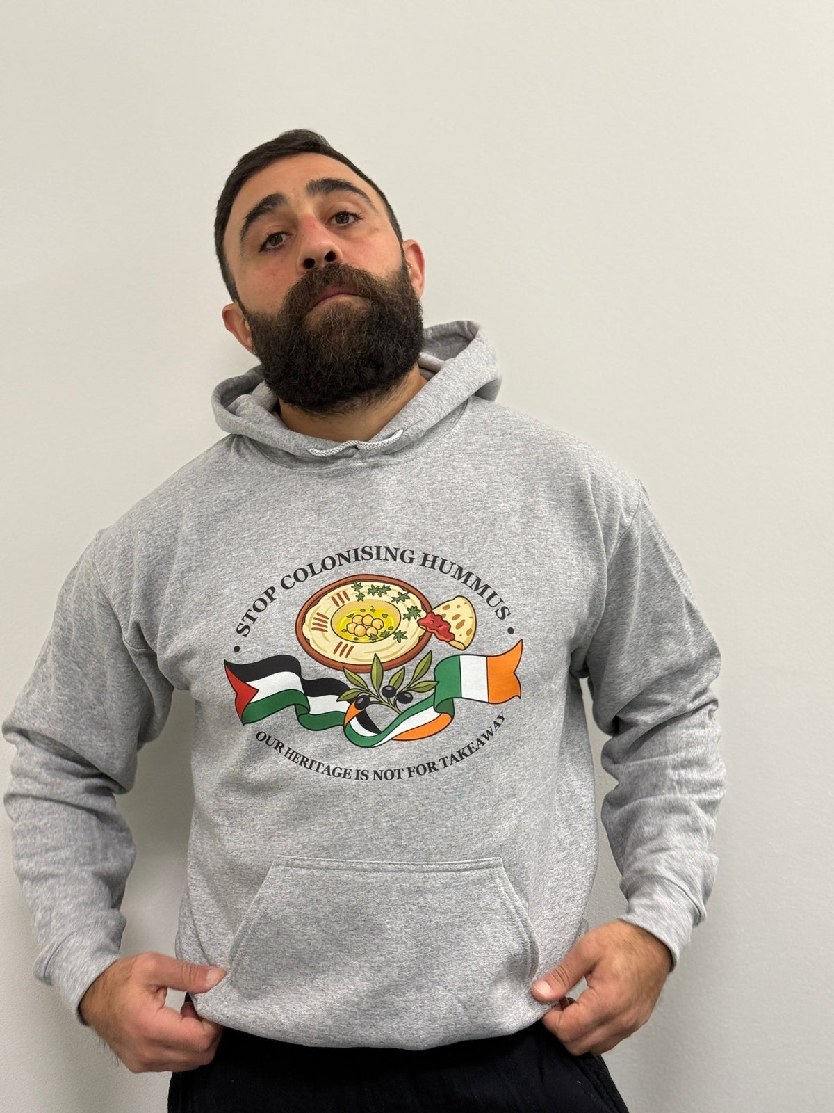 "Stop Colonising Hummus" Hoodie | Heritage Not For Takeaway | Green & Gray - Izz Cafe