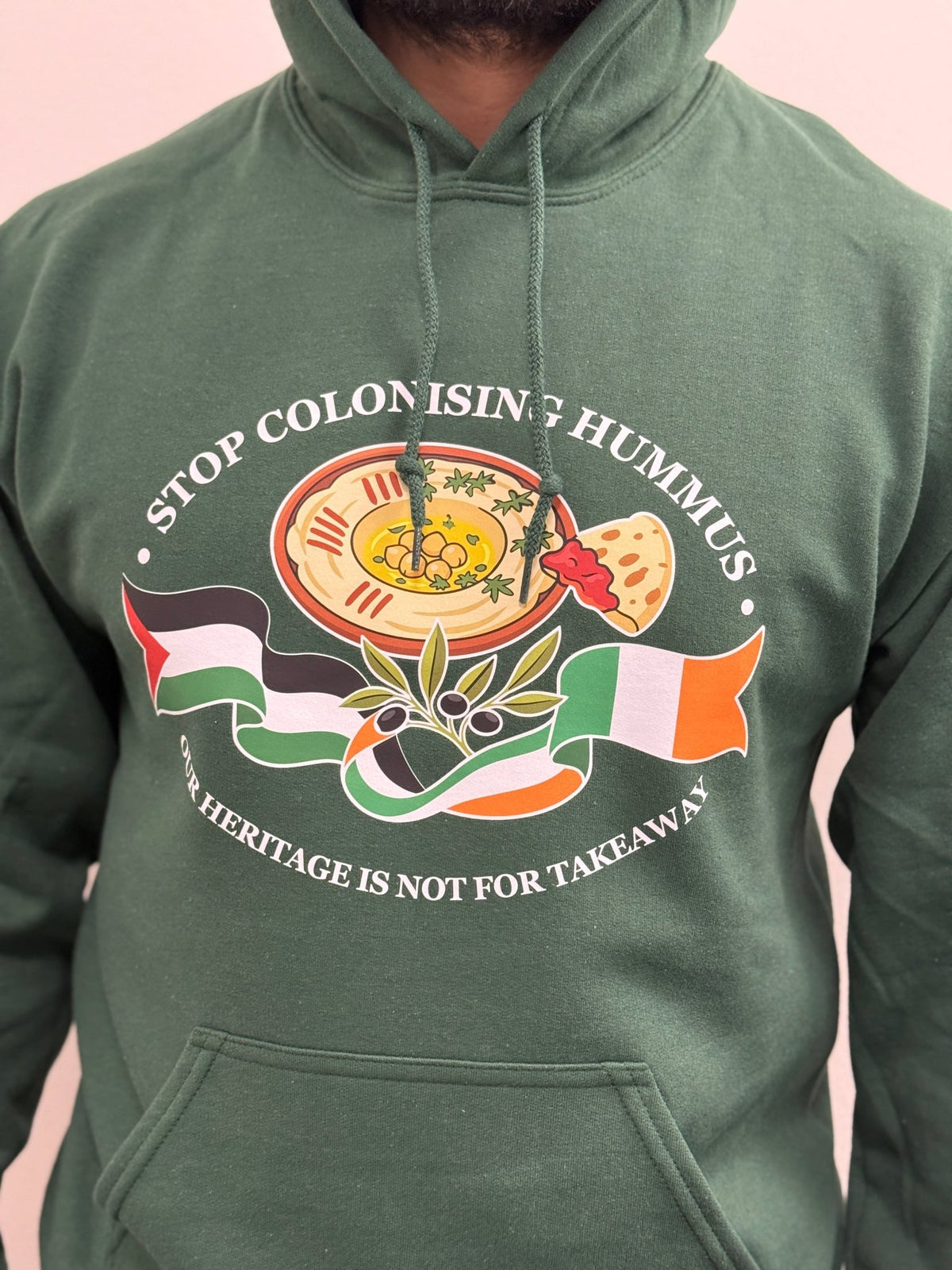 "Stop Colonising Hummus" Hoodie | Heritage Not For Takeaway | Green & Gray - Izz Cafe