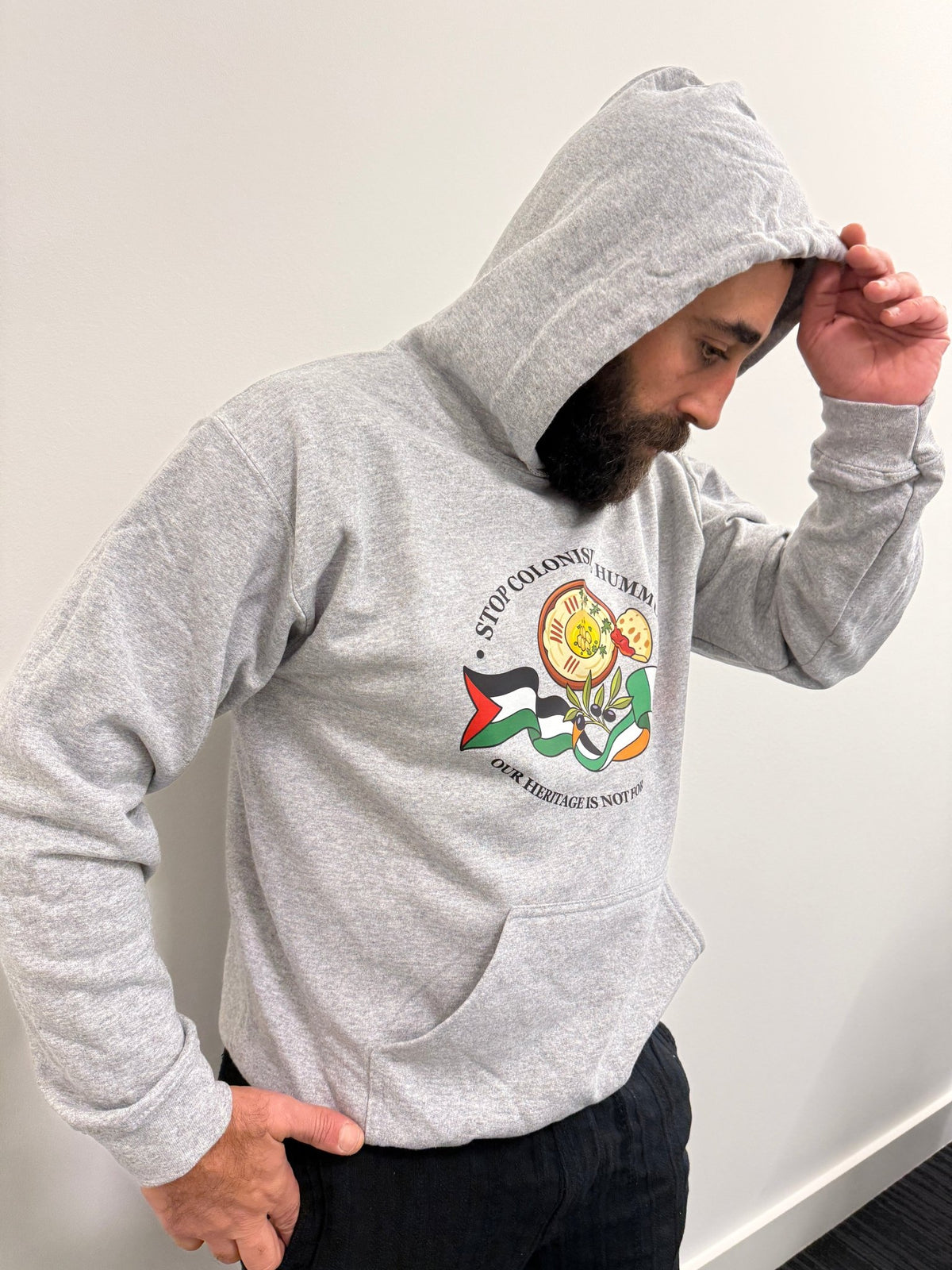 "Stop Colonising Hummus" Hoodie | Heritage Not For Takeaway | Green & Gray - Izz Cafe