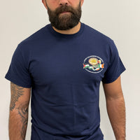 "Stop Colonising Hummus" T-Shirt | Heritage Not For Takeaway | Navy & Gray - Izz Cafe