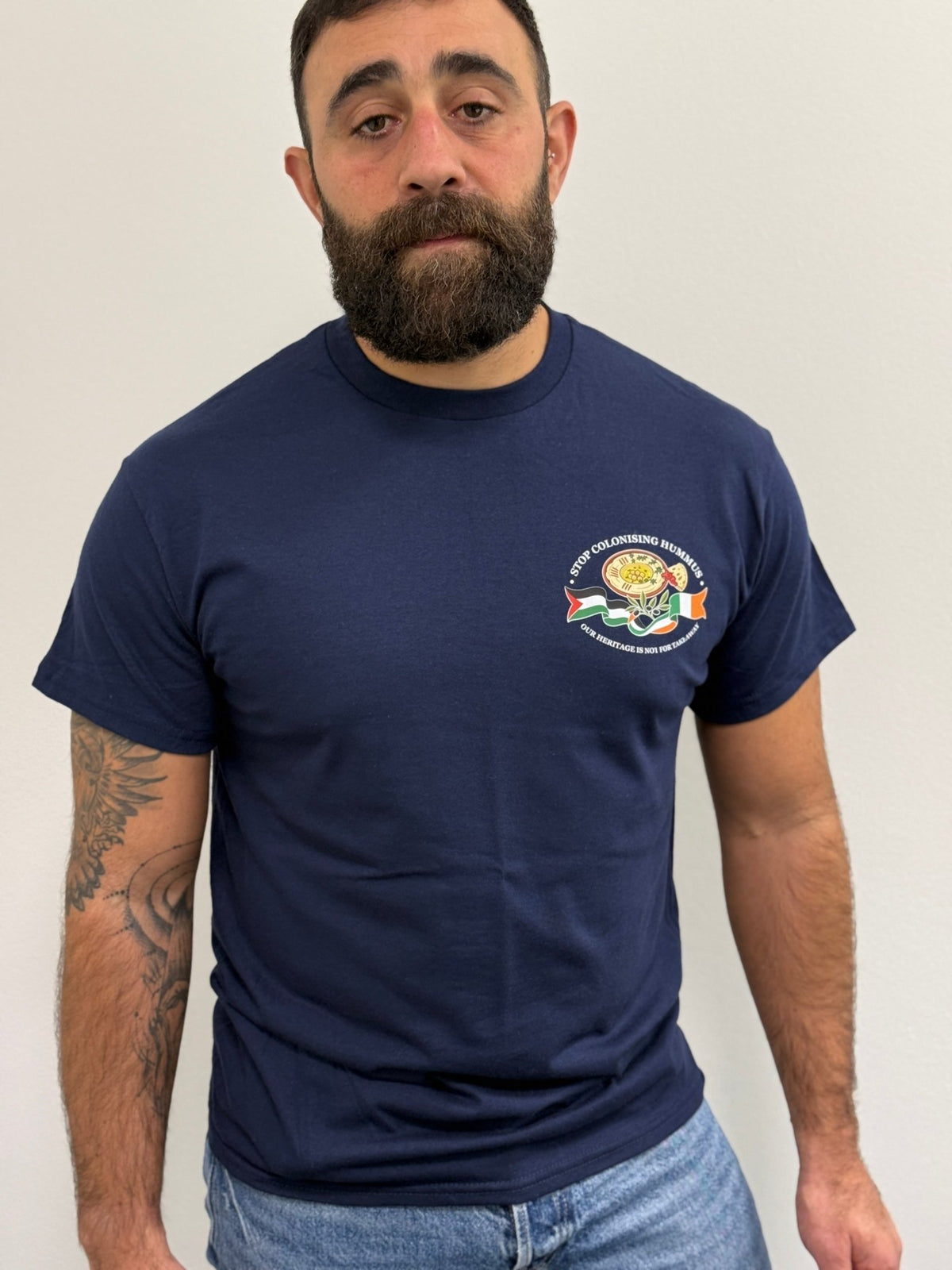 "Stop Colonising Hummus" T-Shirt | Heritage Not For Takeaway | Navy & Gray - Izz Cafe