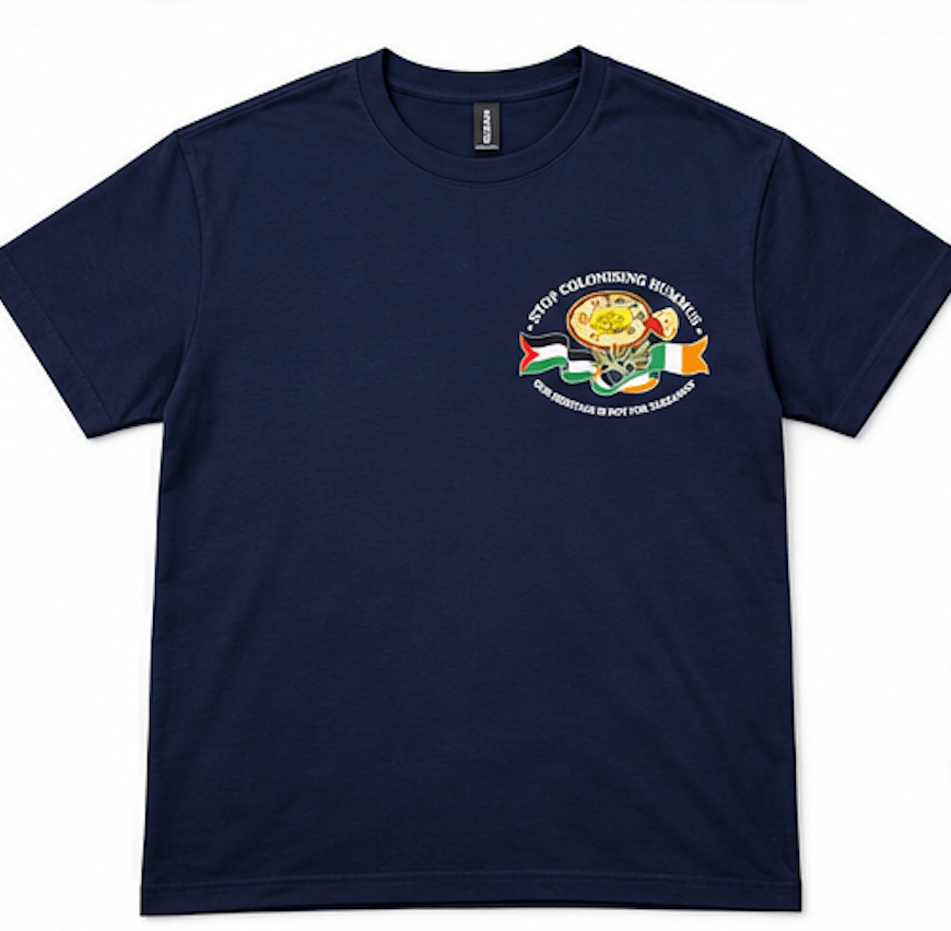 "Stop Colonising Hummus" T-Shirt | Heritage Not For Takeaway | Navy & Gray - Izz Cafe