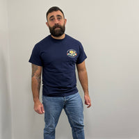 "Stop Colonising Hummus" T-Shirt | Heritage Not For Takeaway | Navy & Gray - Izz Cafe