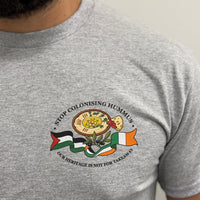 "Stop Colonising Hummus" T-Shirt | Heritage Not For Takeaway | Navy & Gray - Izz Cafe