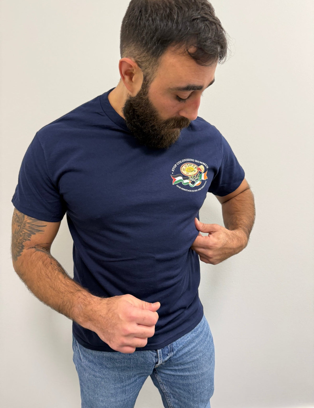 "Stop Colonising Hummus" T-Shirt | Heritage Not For Takeaway | Navy & Gray - Izz Cafe